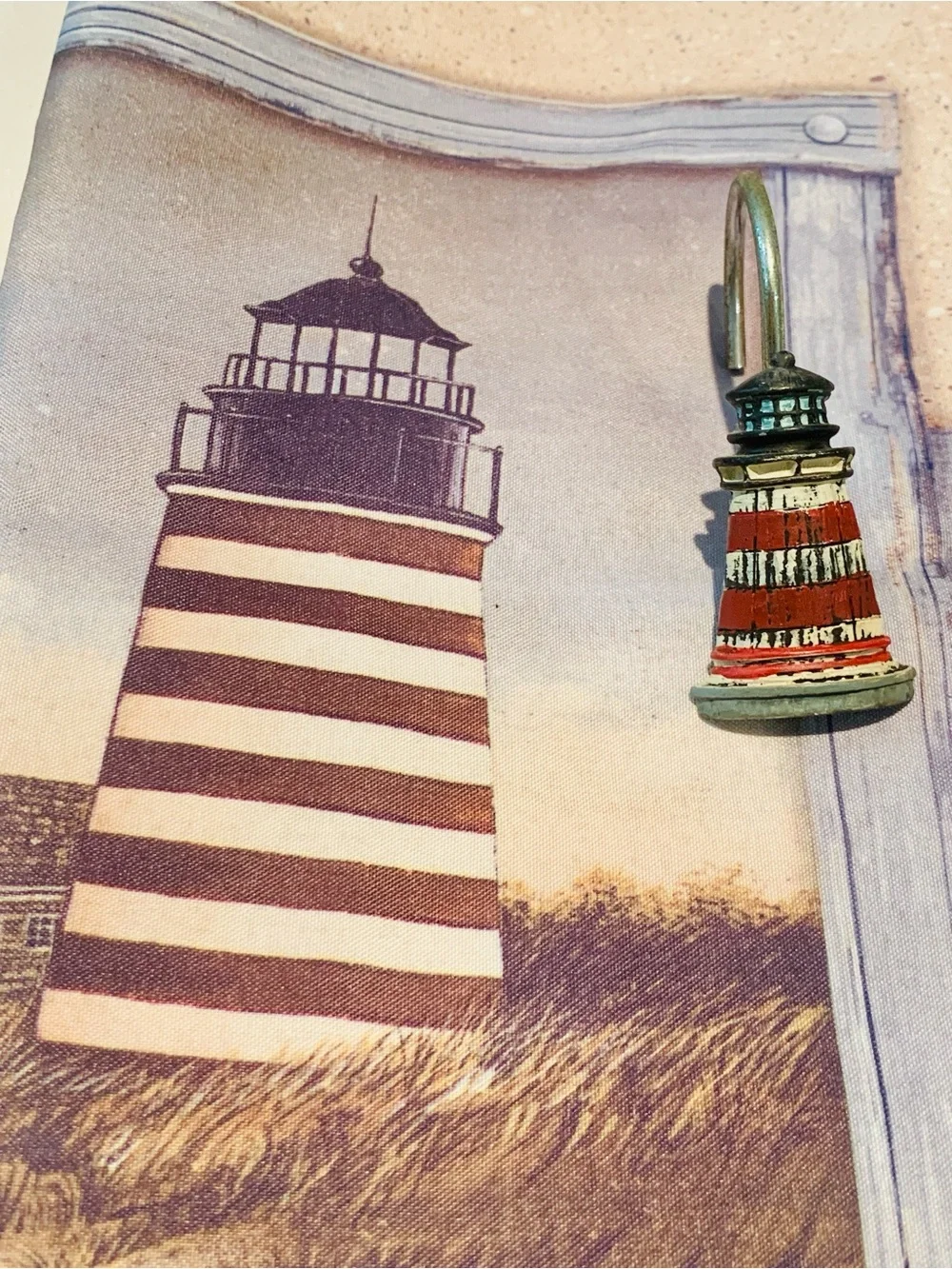 Lighthouse Nautical Shower Curtain & Lighthouse Hooks / Ornaments Bathroom Decor
